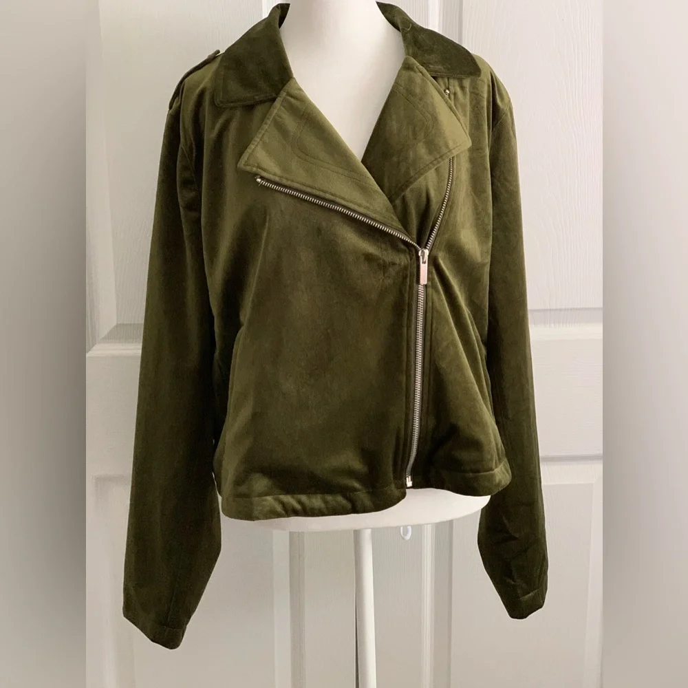 LAUREN CONRAD Women’s Olive Green Velvet Moto Jacket